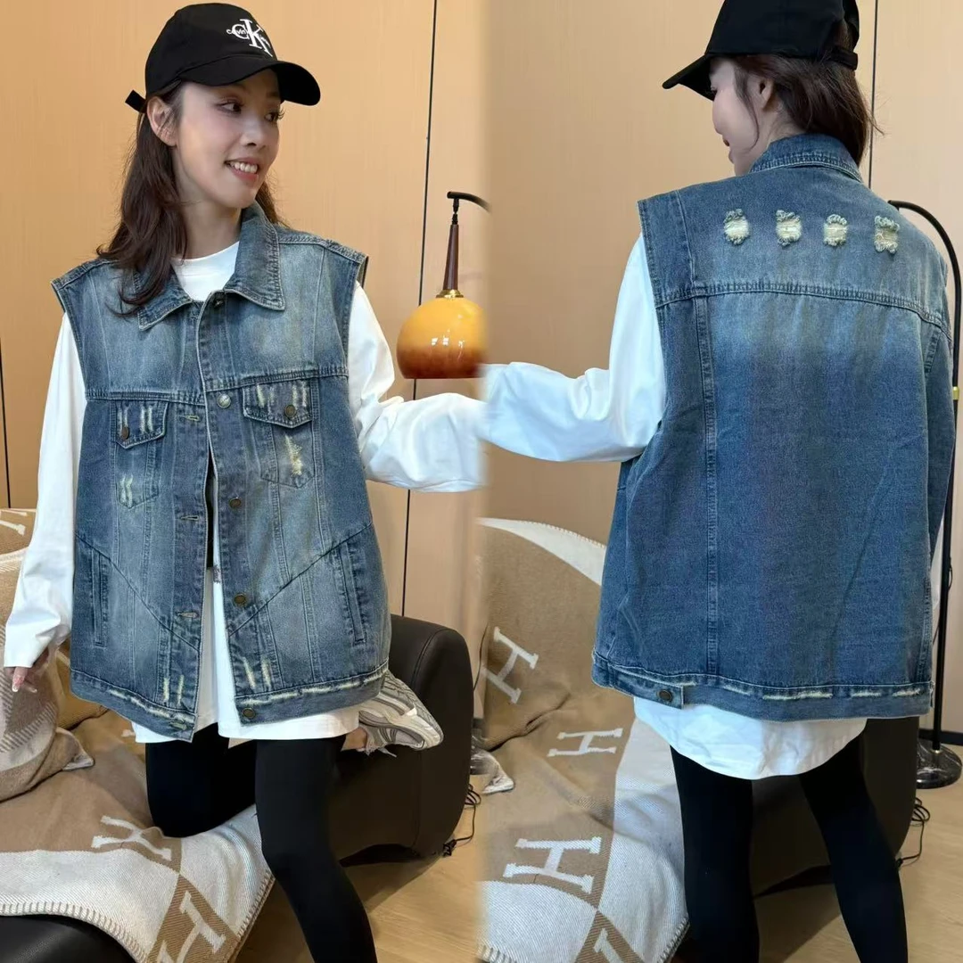 二姐的宝藏春季新款宽松水洗磨破翻领牛仔马甲#25037