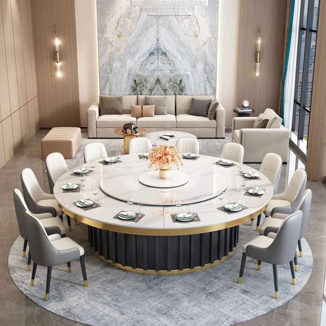 酒店电动岩板大圆桌轻奢带转盘适用于饭店包厢宴会火锅场景