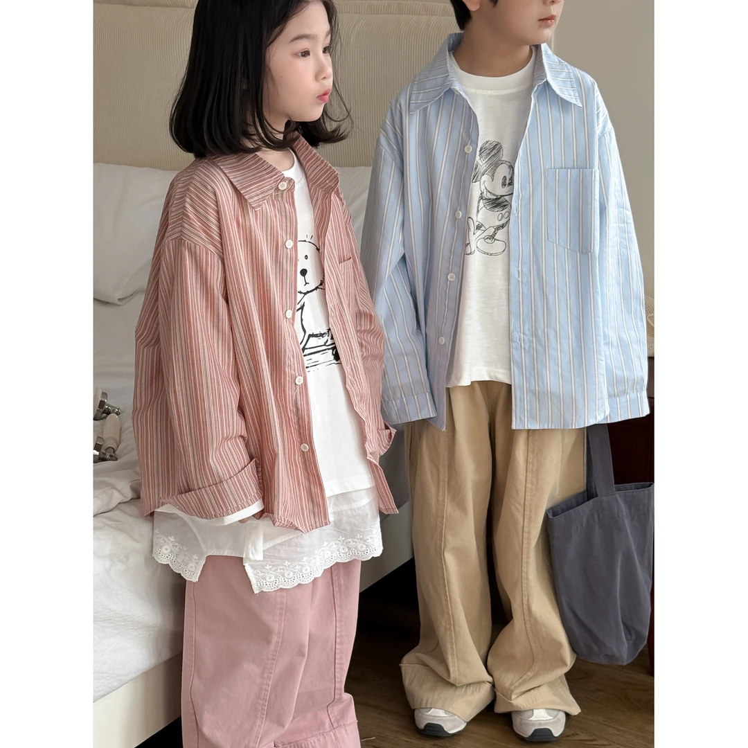 童衬衫2025春款男女童韩版竖条纹翻领衬衣儿童长袖小清新休闲上衣