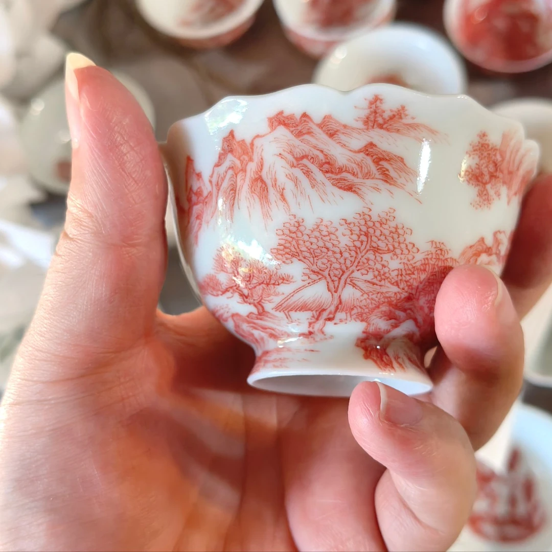 柴窑手绘釉里红花口主人杯茶杯陶瓷