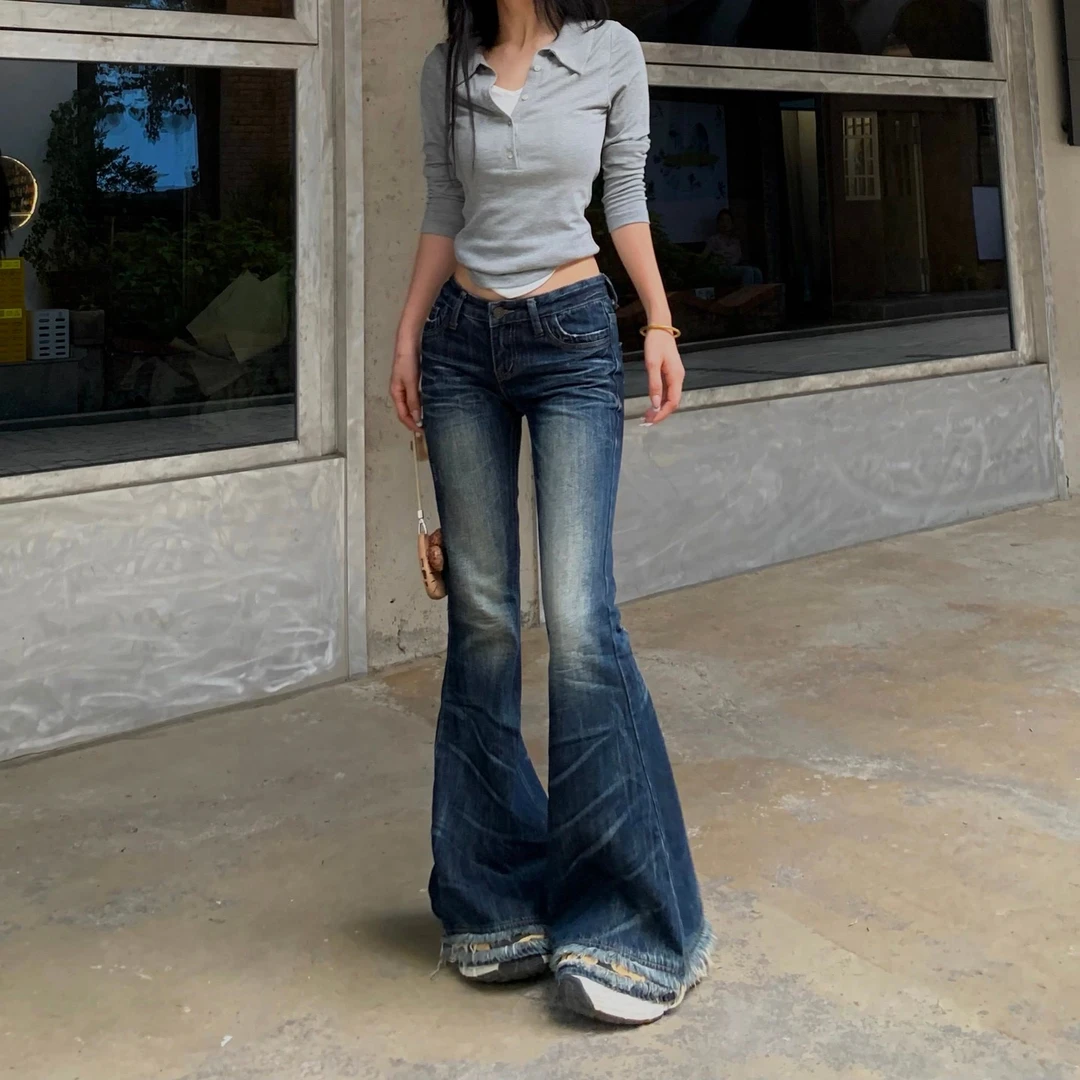 3MER 超模低腰微喇牛仔裤女2025新款修身毛边拖地喇叭裤子
