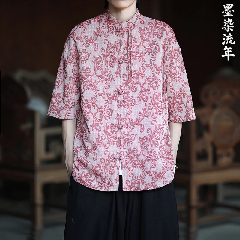 中国风男装印花衬衫男短袖夏季薄款新中式唐装宽松五分袖茶服外套