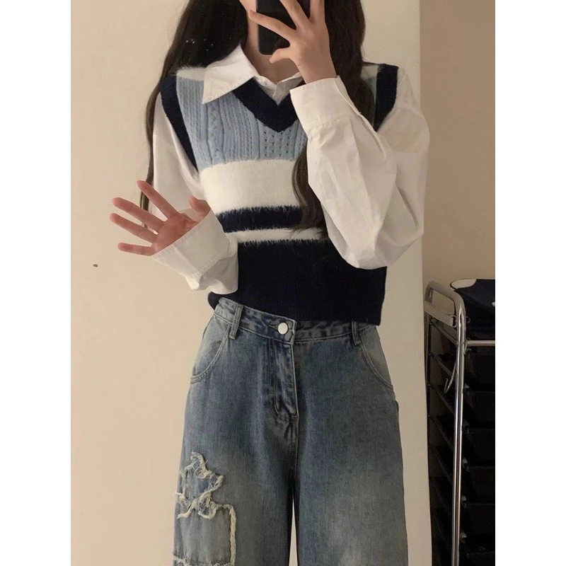 2025春秋季高级女性时尚新小众专业套装小设计条纹短针织背心衬衫
