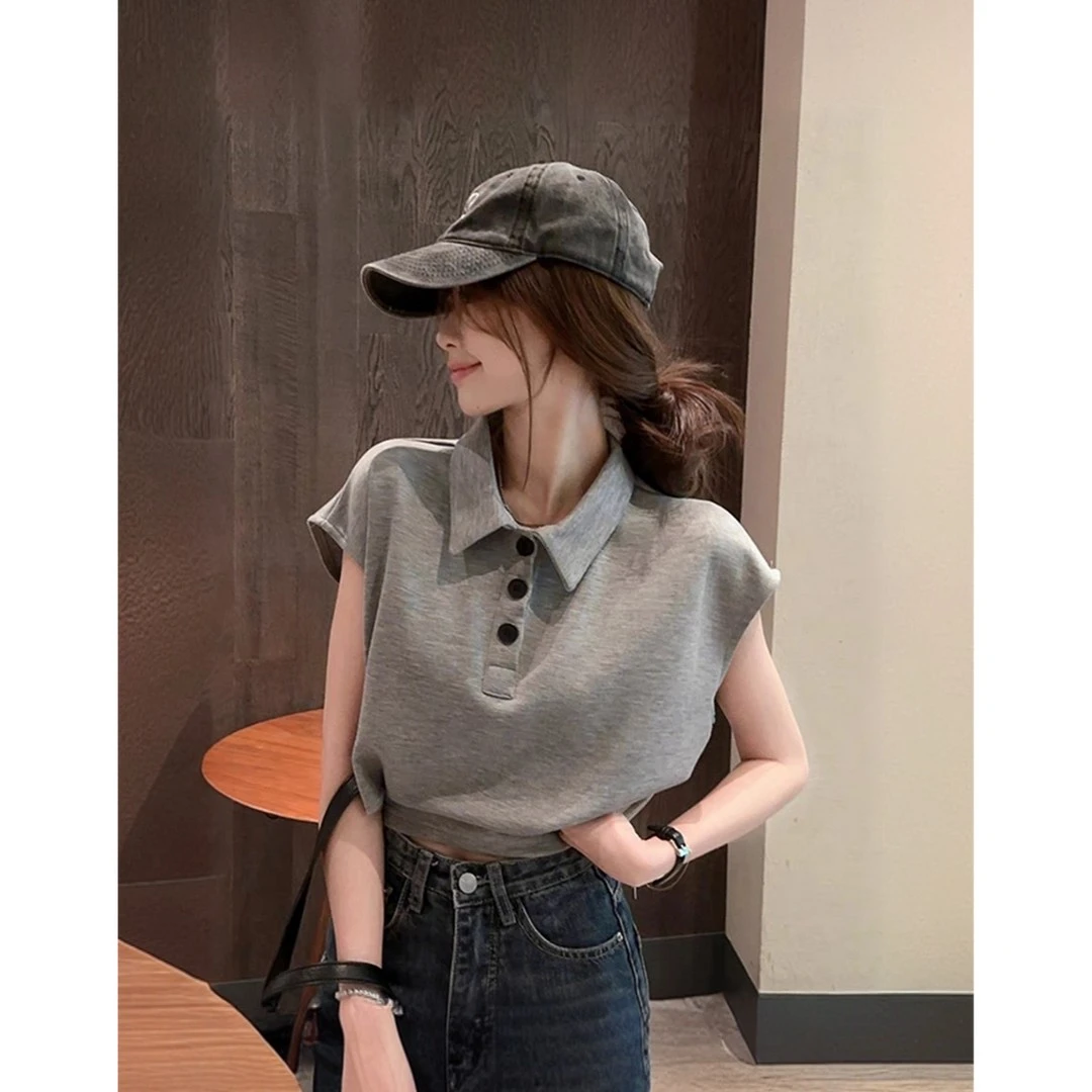 韩版复古Polo领灰色短袖t恤女2025夏季显瘦时尚休闲穿搭洋气衣服