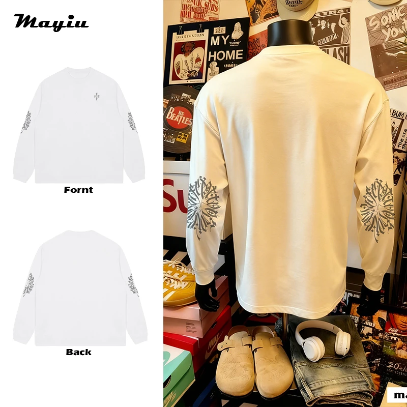 花臂袖花图案vintage潮牌秋季嘻哈复古印花圆领T恤男女长袖上衣