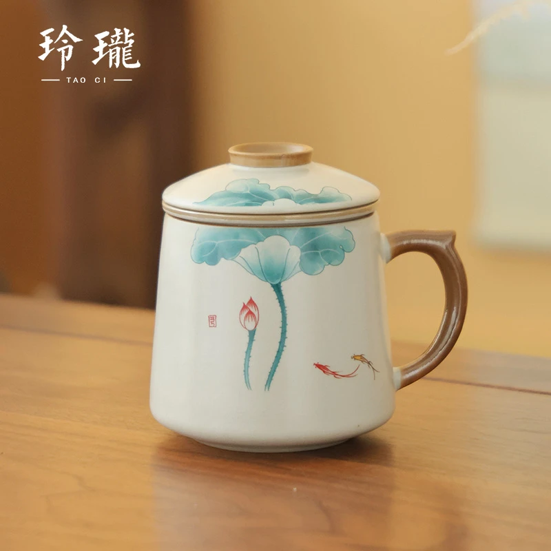 瓷韵优品 复古陶瓷米黄汝窑荷花三件套陶瓷办公杯茶水分离杯-4001