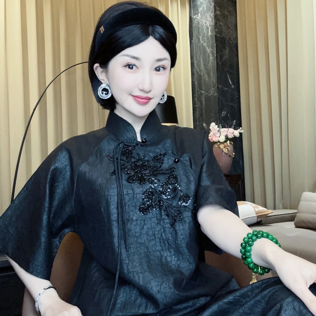 LIU HAHA【如故 · 香云纱】高定老料龟裂纹新中式旗袍裙23-BW1019