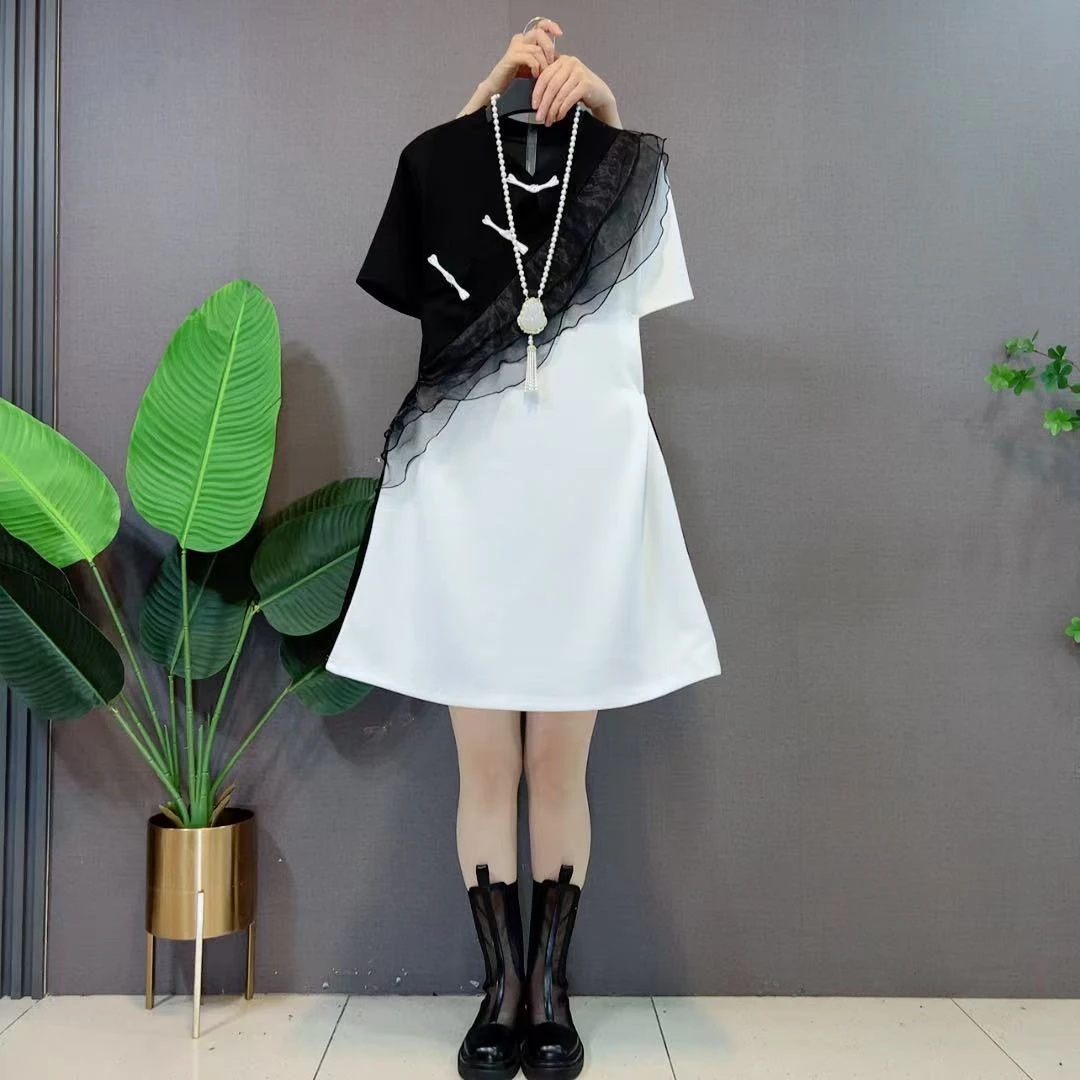 新中式荷叶边短袖改良旗袍连衣裙女夏撞色收腰a字裙显瘦包臀裙子