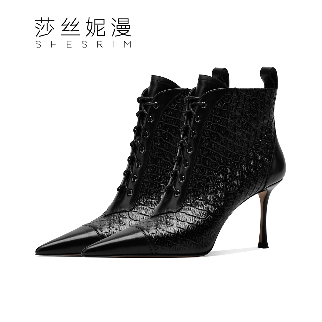 S70-欧洲风格2024秋冬新款真皮百搭细带短靴性感尖头细跟瘦瘦靴