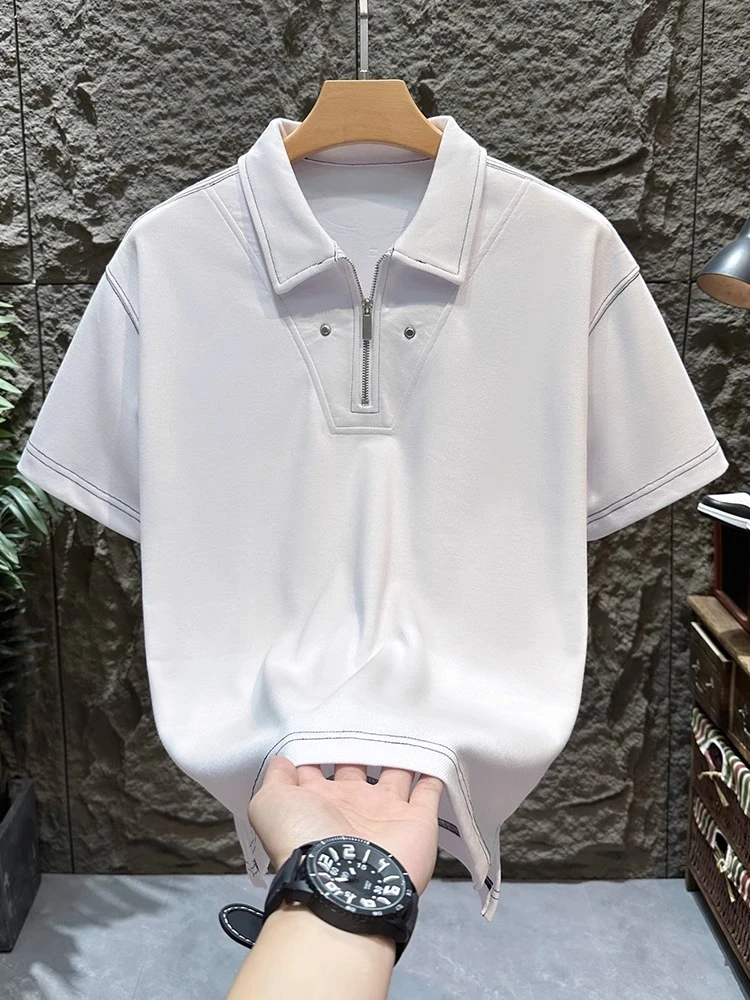 老钱风半拉链华夫格辑明线设计短袖polo衫男士宽松通勤五分袖T恤