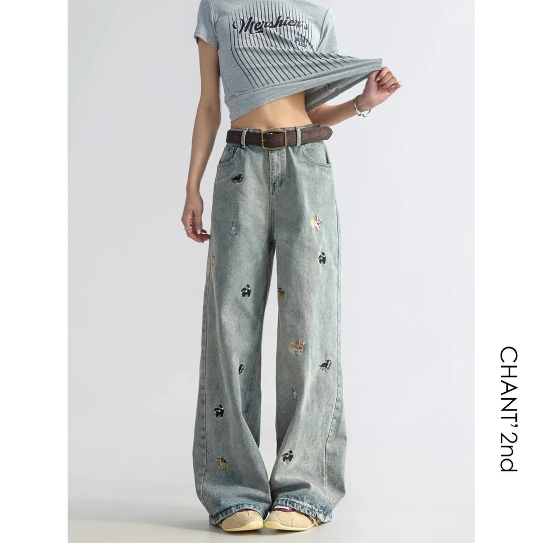 La Chapelle/拉夏贝尔大码胖mm小狗刺绣牛仔裤女春季直筒阔腿裤
