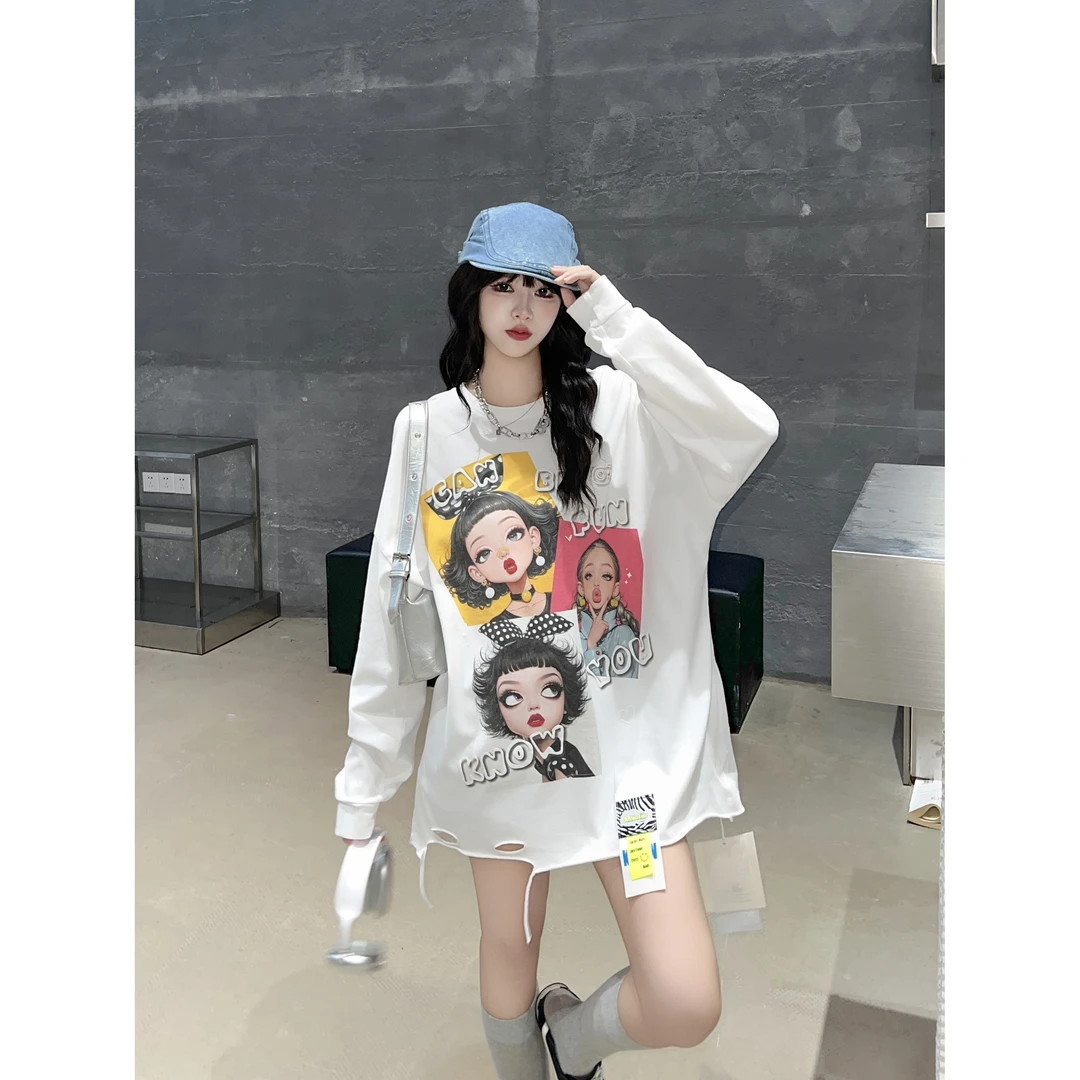 【潮牌卡通印花T恤】宽松oversize破洞设计感小众涂鸦漫画风百搭T恤