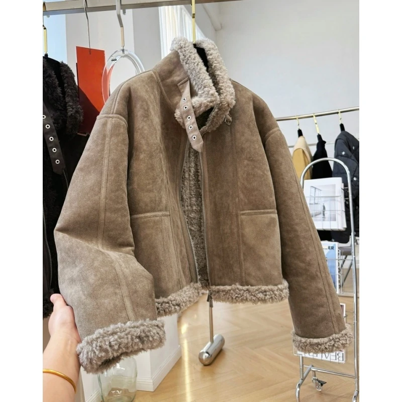 高级感韩系立领机车款灰卡色皮毛一体毛茸茸休闲短款外套女冬季