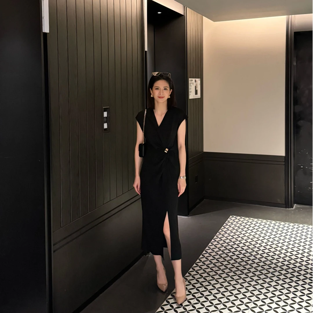 ANGELIAORIGINAL 醋酸显瘦25年新款夏季V领收腰气质连衣裙#293