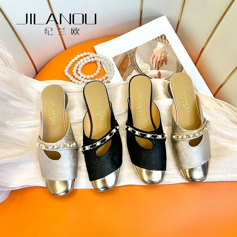 2025春夏新款真皮包头半拖鞋女新中式平跟软底凉拖鞋子时尚女鞋