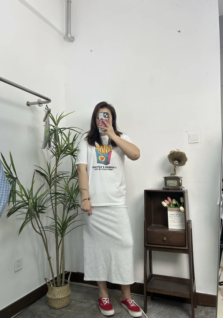 减龄薯条彩色印花T恤大码微胖百搭