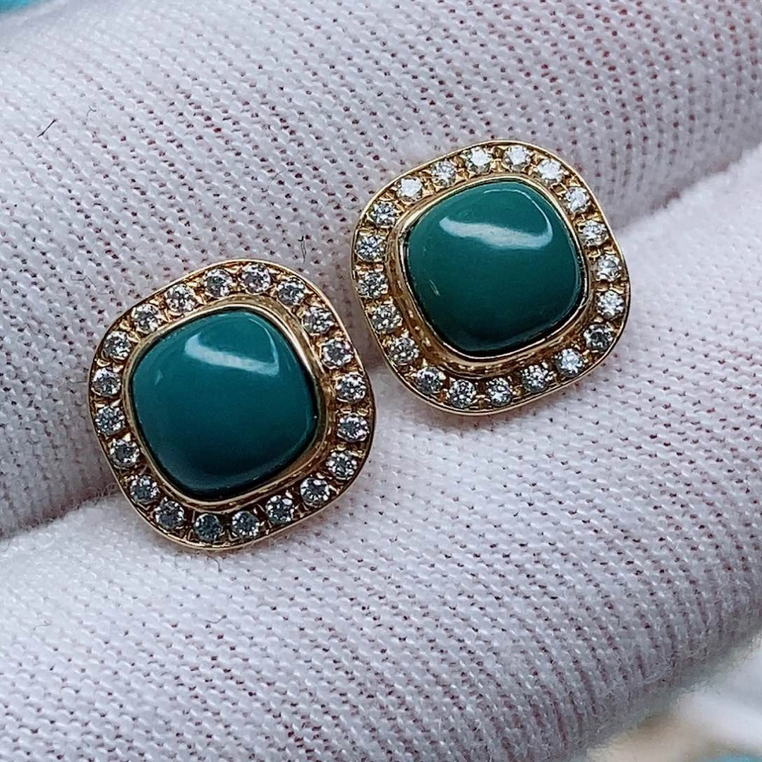 绿松石耳钉18K金镶嵌