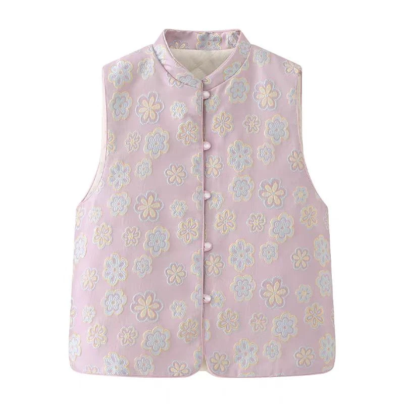 新中式薄棉马甲女2025春季新款小个子国风刺绣碎花紫粉色背心