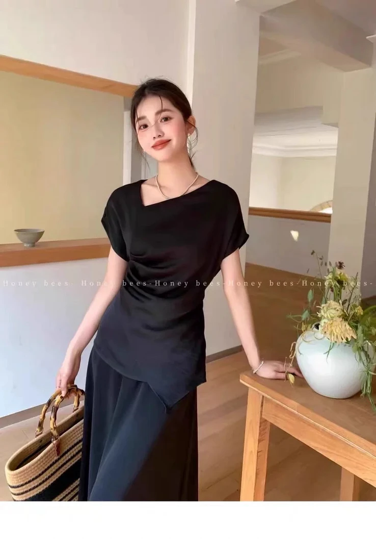 2025夏季新款韩版时尚百搭显瘦斜肩收腰短袖亮眼衬衣女上衣