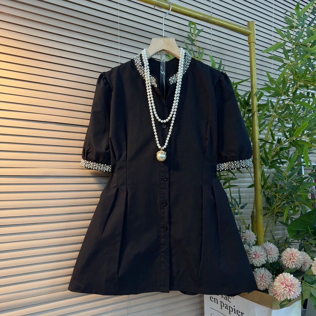 635胖妹妹欧货时尚重工订珠洋气V领设计感纯色掐腰泡泡袖显瘦开衫