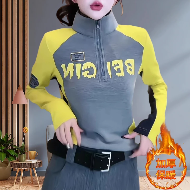 小众休闲衣服秋冬款品质女装半拉链撞色加厚保暖运动立领长袖女