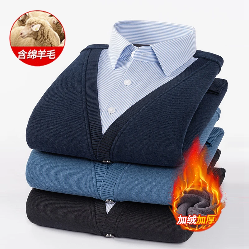 冬季羊毛衫假两件衬衫男加绒加厚保暖舒适羊毛衫内搭外穿时尚男装