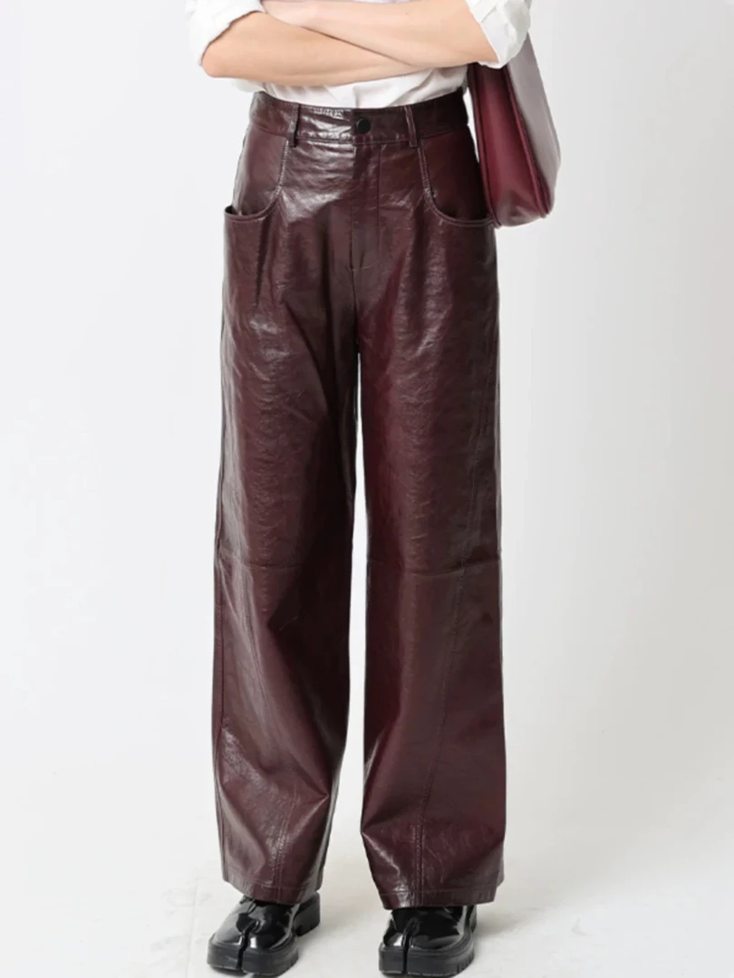 新款复古港风高腰纯色显瘦双口袋休闲直筒阔腿长裤皮裤LSKZ3146