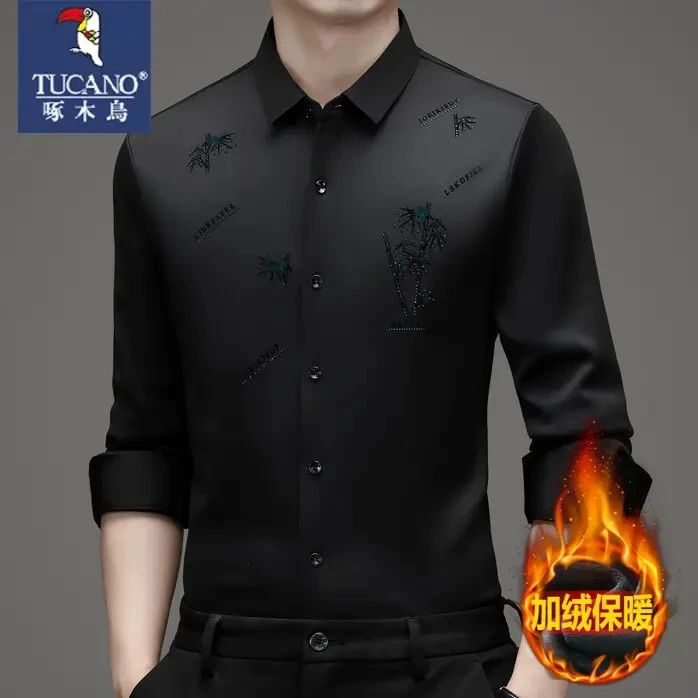 啄木鸟高档秋冬季加绒加厚男士衬衫百搭弹力商务免烫植绒保暖衬衣