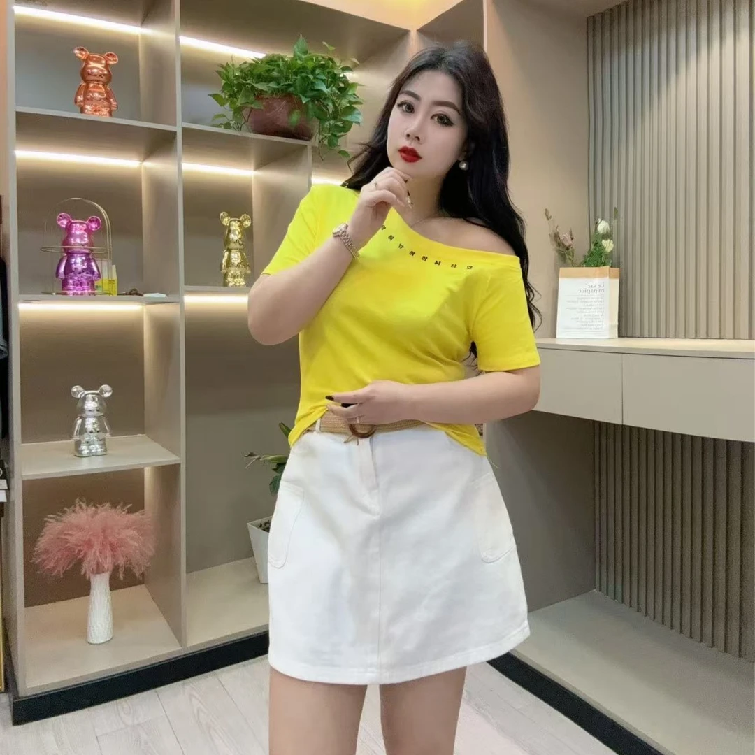 夏季半袖-甜 3822时尚休闲潮流斜领露肩设计款胖MM大码女装新款