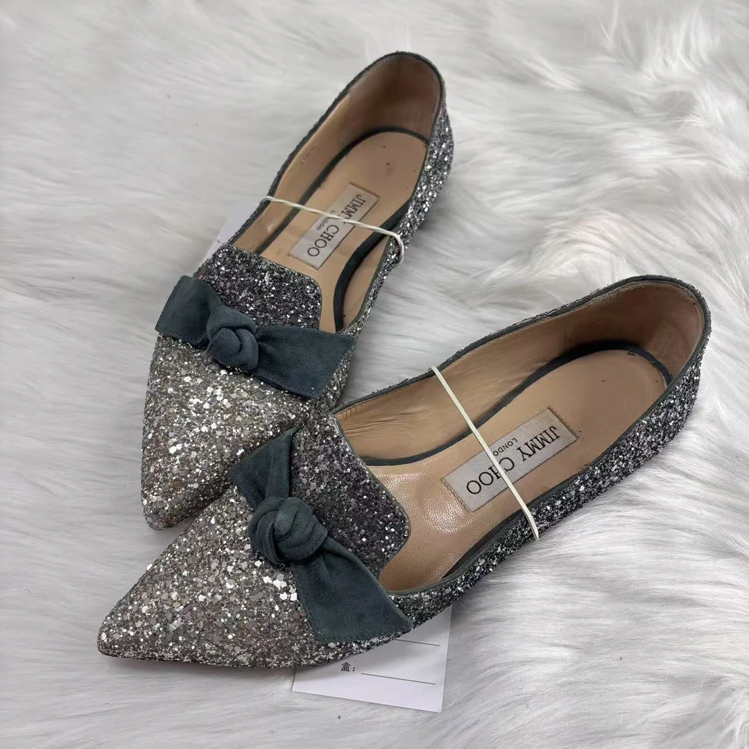 95新 JIMMY CHOO/吉米周 36码/无配件/银色亮片平底单鞋 wsp224
