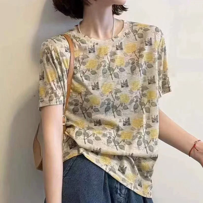 「水墨兰花」夏季新款复古港风碎花时尚洋气短袖针织衫上衣-2811