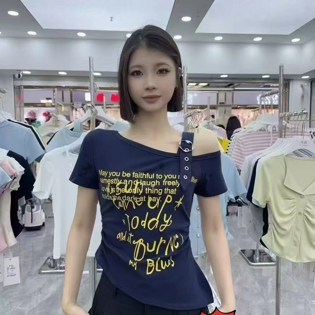 2025夏季新款小众设计辣妹挂脖斜肩短袖t恤女不规则露腰短款上衣