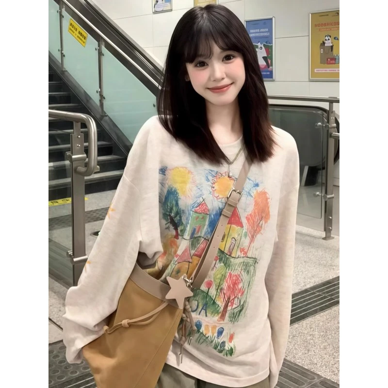灰色圆领长袖防晒罩衫T恤女2025夏季新款涂鸦慵懒风宽松休闲上衣