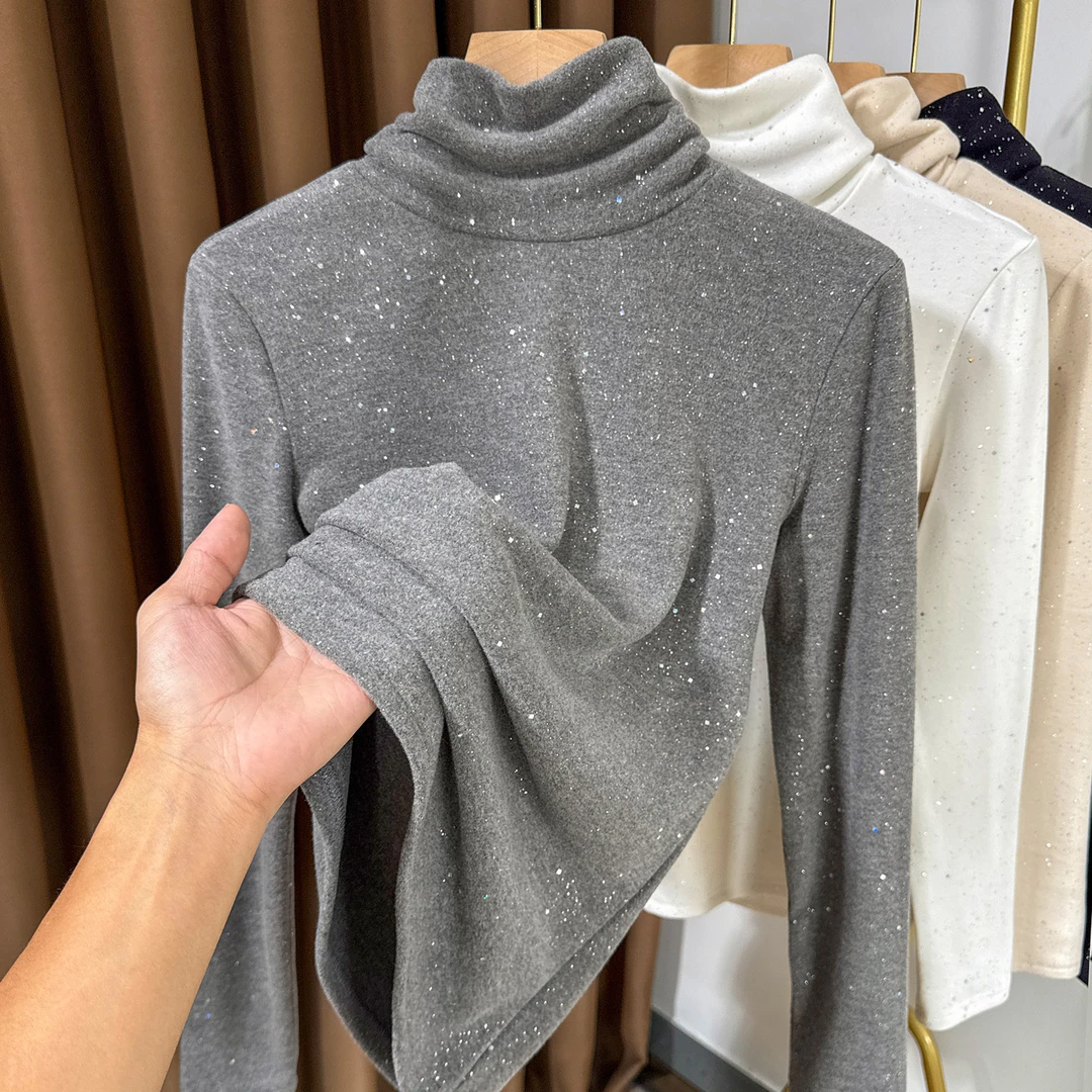 堆堆领拼接烫钻德绒长袖打底衫女2025年爆款保暖双面磨毛小衫T恤