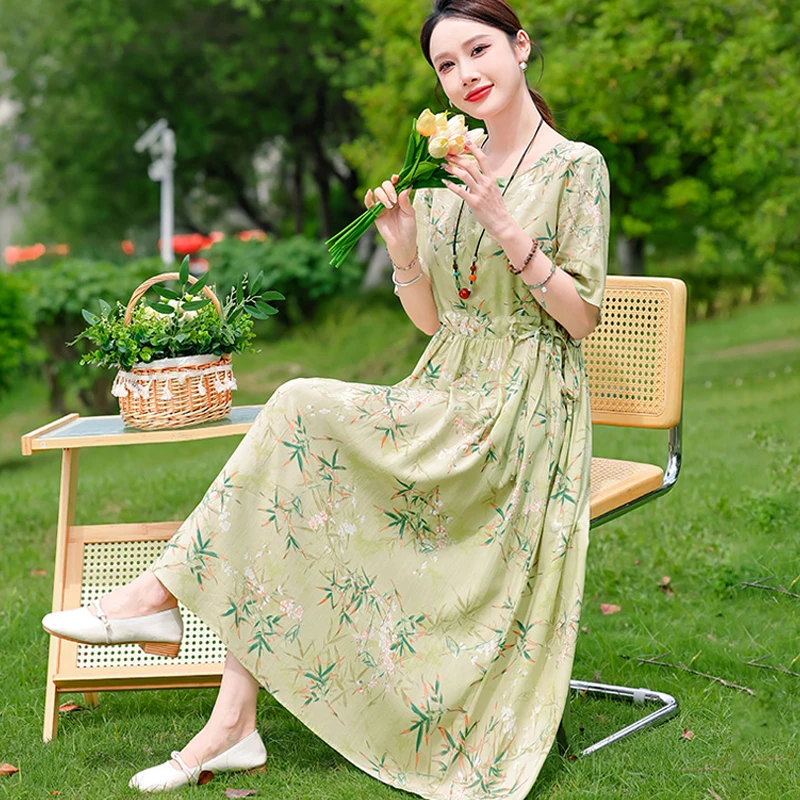 夏季清新凉快气质连衣裙女士时尚系带收腰显瘦绵绸碎花大摆长法式