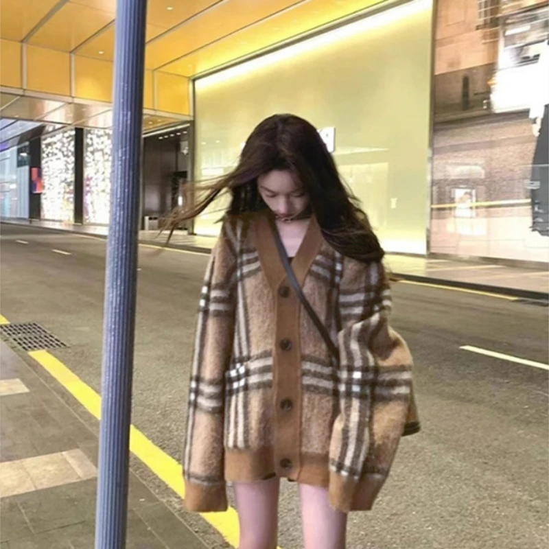 慵懒小众复古格纹中长款开衫外套FMXX2308 301803