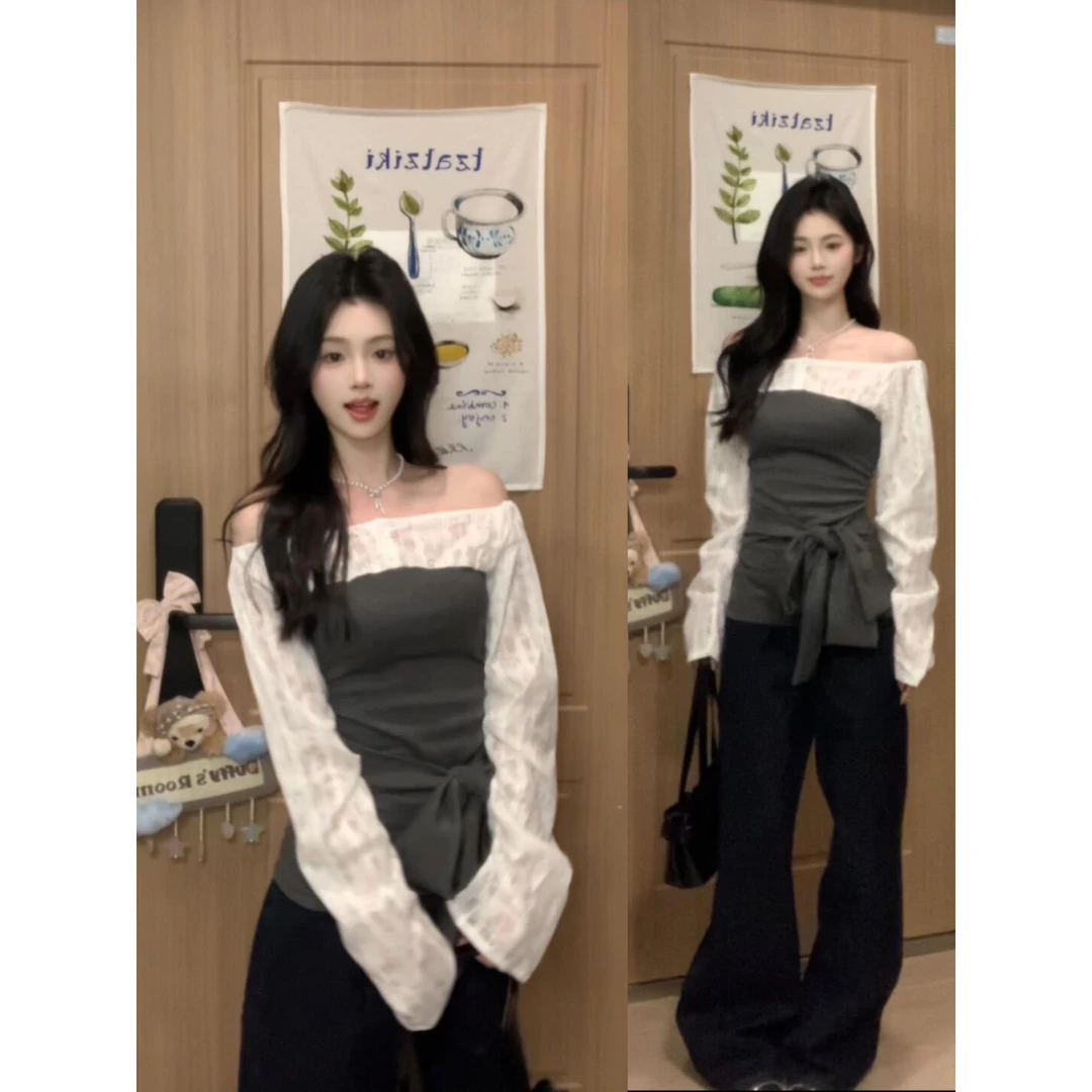 韩系蝴蝶结拼接设计感一字肩长袖t恤女春季气质别致修身显瘦上衣