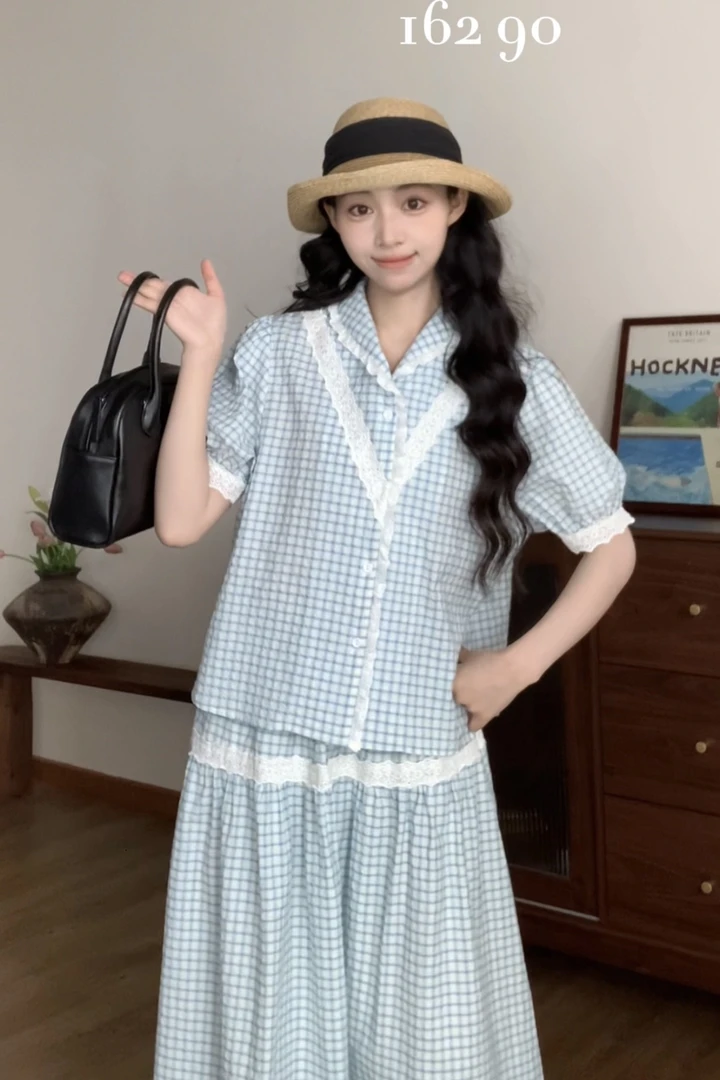 2289 “伊甸梦境”法式蕾丝花边拼接格子套装（衬衫+半裙）