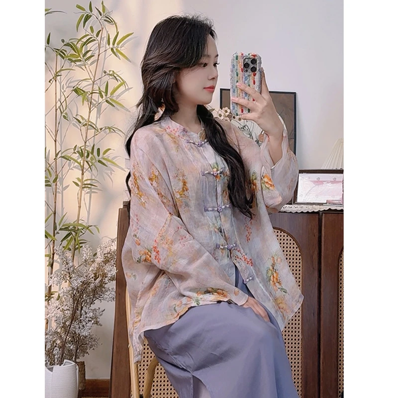 2025春夏新款中国风苎麻印花衬衫女盘扣宽松开衫防晒衬衣薄外套