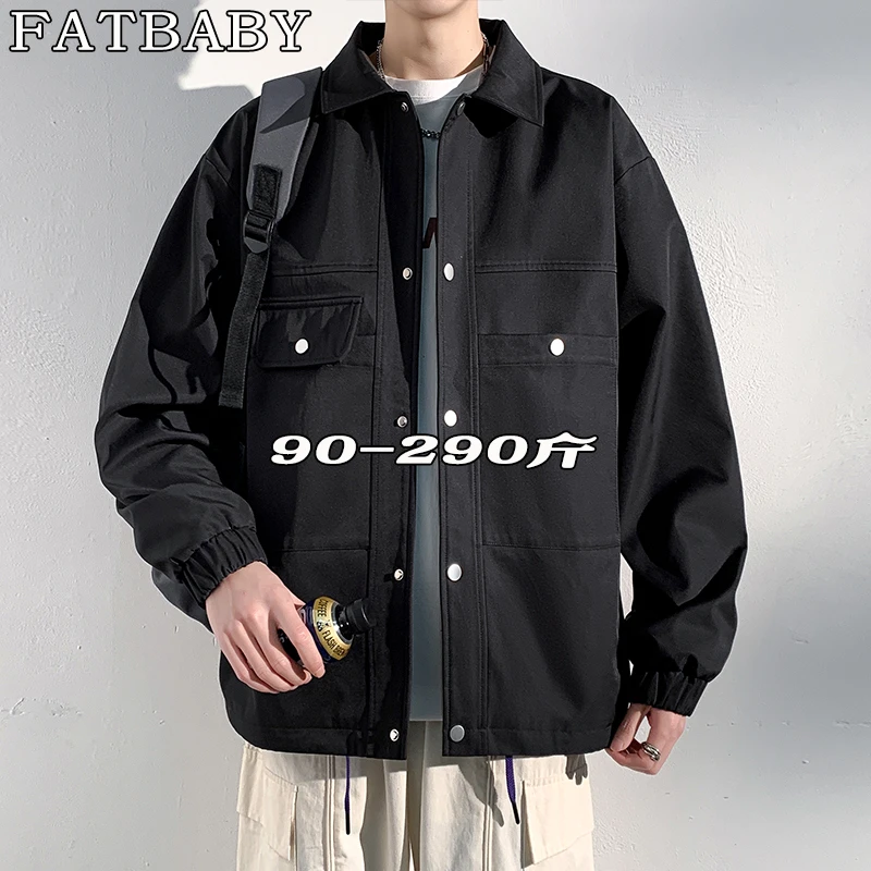 2025新款男士大码外套美式工装翻领潮牌夹克胖子男装无帽长袖衬衫