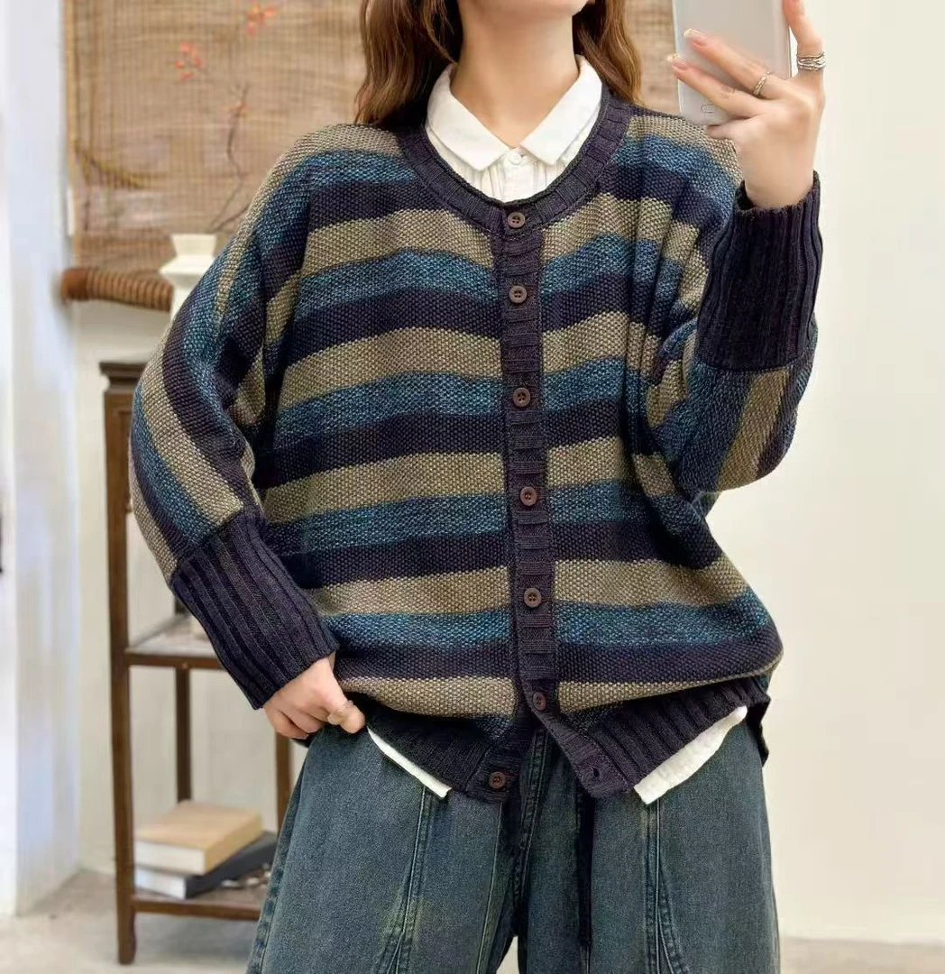 【针织衬衫】文艺时尚针织秋冬季撞色圆领长袖毛针织开衫外套-CS