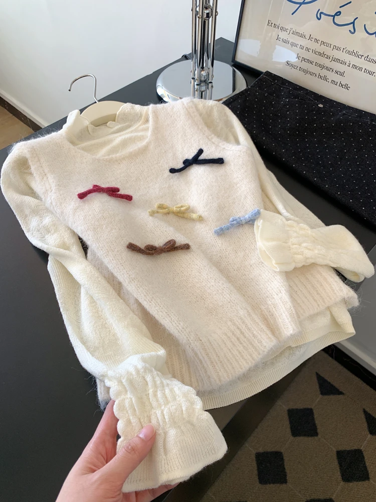 立体蝴蝶结工字吊带背心马甲女士叠穿长袖针织衫初秋上衣两件套装