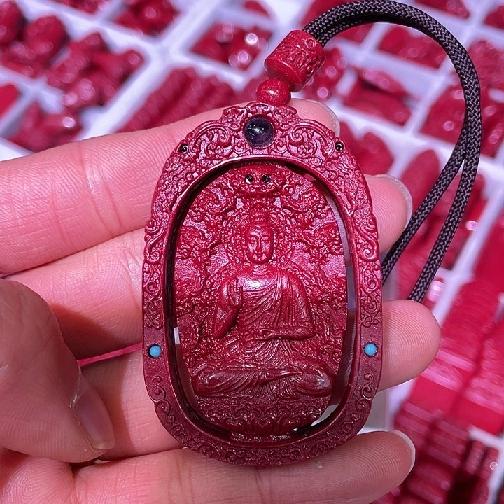 天然辰砂紫金砂投影猪守护阿弥陀佛吊坠