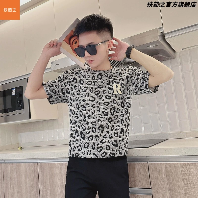 豹纹短袖恤男夏季潮牌痞帅炸街男装上衣高级感休闲圆领半袖体恤