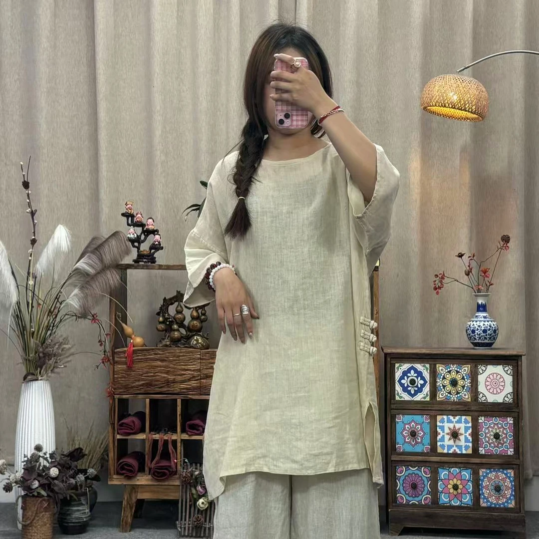 花璟与麻原创设计复古炒色圆领开叉上衣（衣长75胸围136）