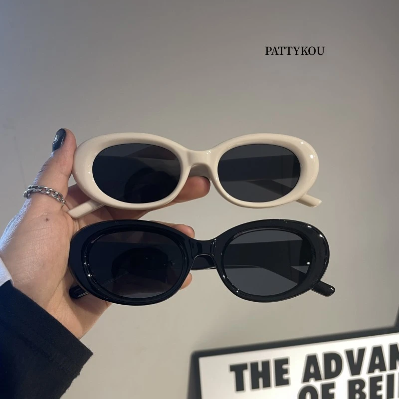 椭圆白框墨镜欧美凹造型太阳镜拍照女大脸猫眼防晒高级感显瘦