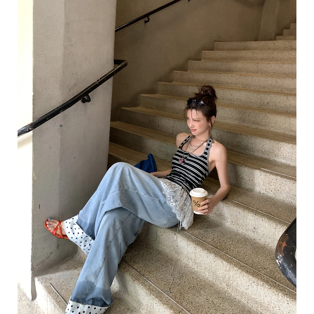 【长腿姐姐】波点卷边阔腿牛仔裤拖地裤 4252