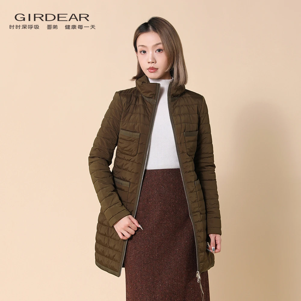 哥弟GIRDEAR时尚收腰压线条纹设计雪丽绒中长款棉服外套女1400071