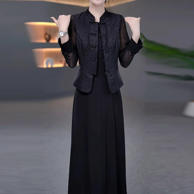 两件套连衣裙春秋款显瘦气质时尚洋气中长款复古中国风秋季套装裙