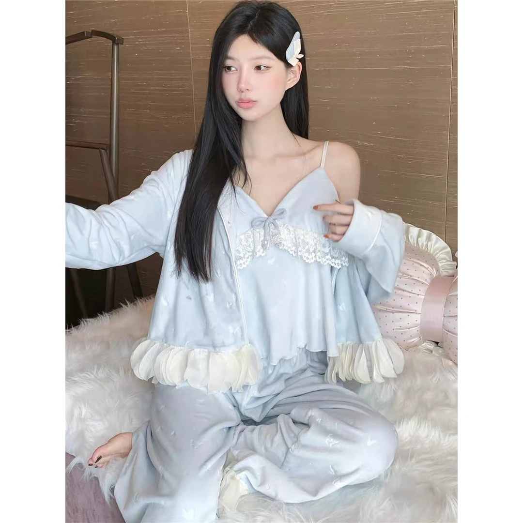 【蓝色蝴蝶】2025秋冬爆款双面海岛绒女吊带开衫加厚保暖长袖睡衣